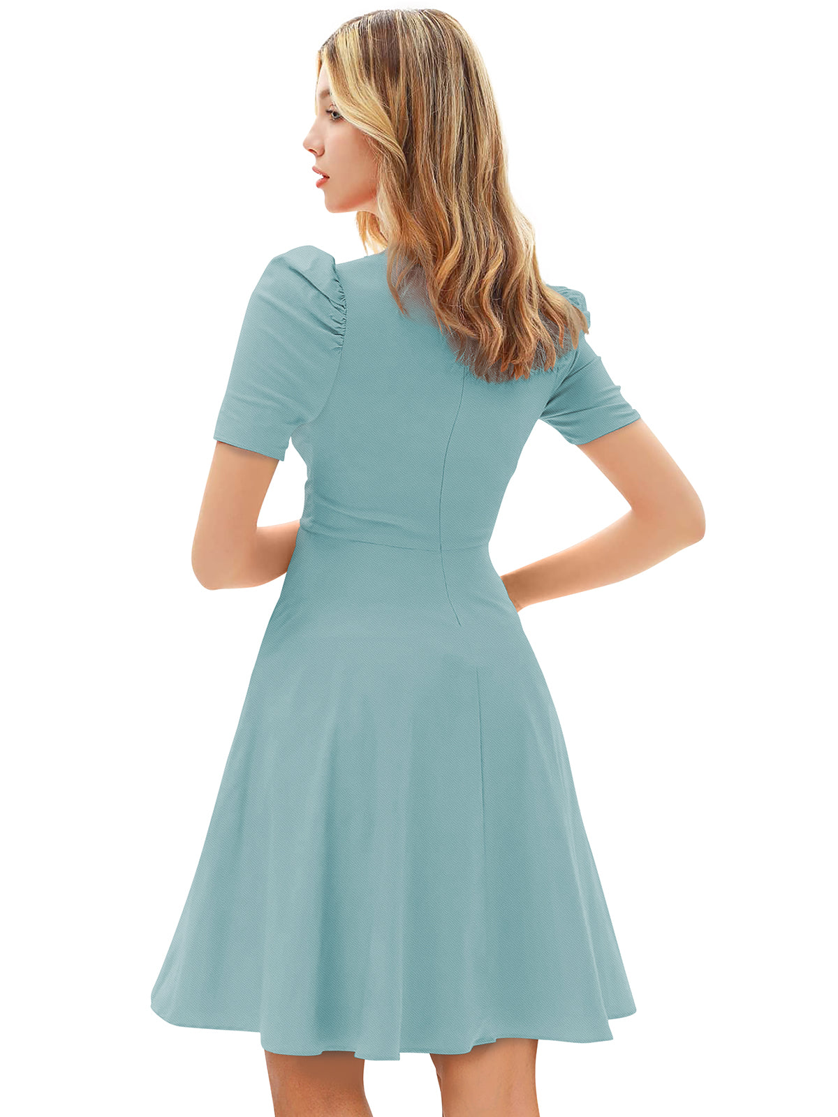 Pista Green Puff Sleeve Midi Dress for Women | Elegant Flared Party & Casual Wear