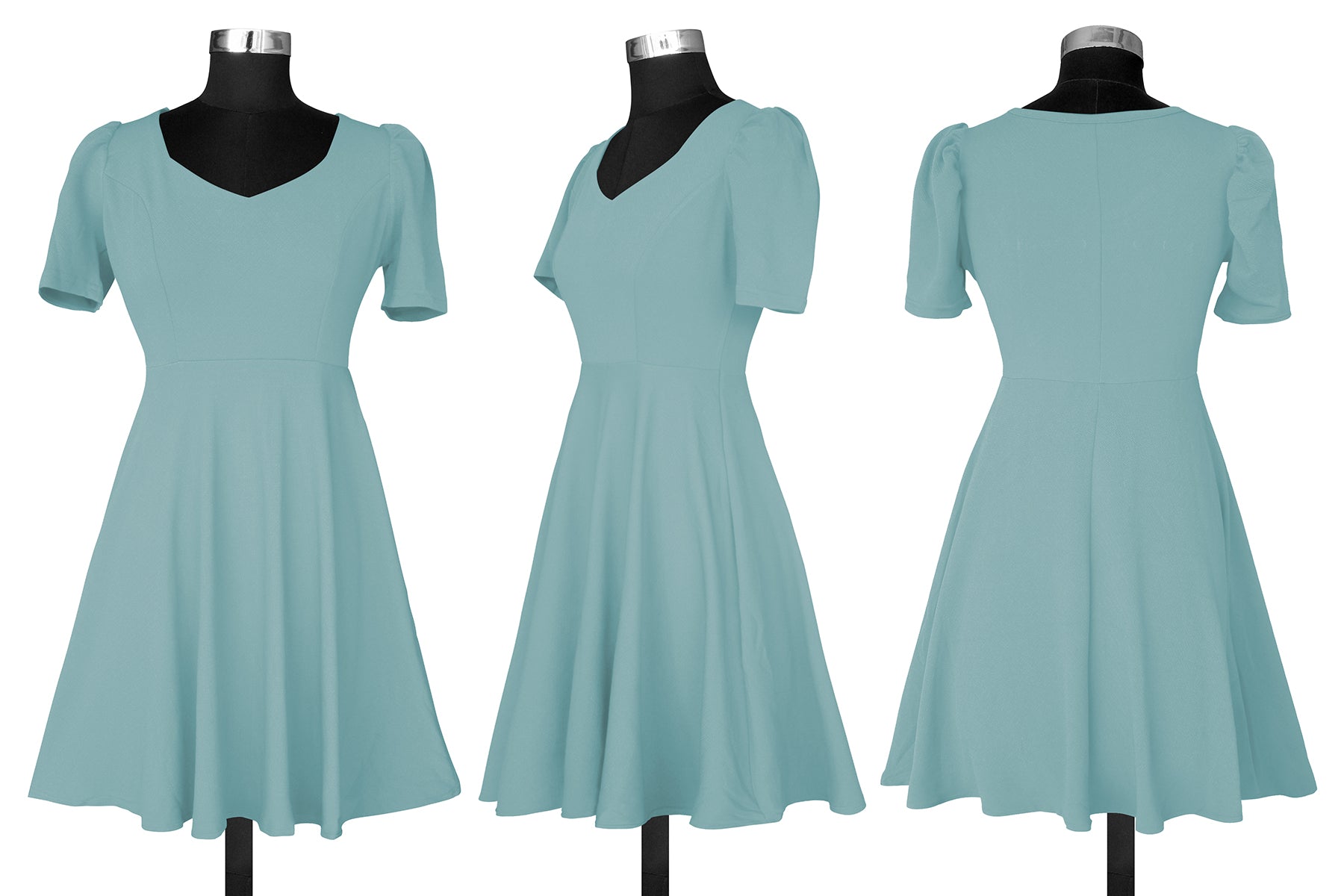 Pista Green Puff Sleeve Midi Dress for Women | Elegant Flared Party & Casual Wear
