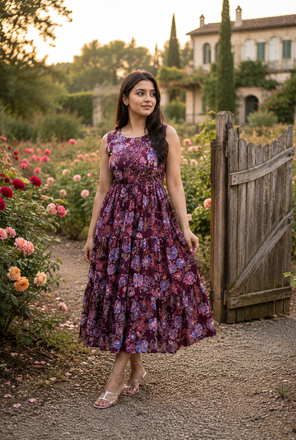 Women’s Maroon Floral Printed Sleeveless Tiered Midi Dress with Inner Sleeves Attached