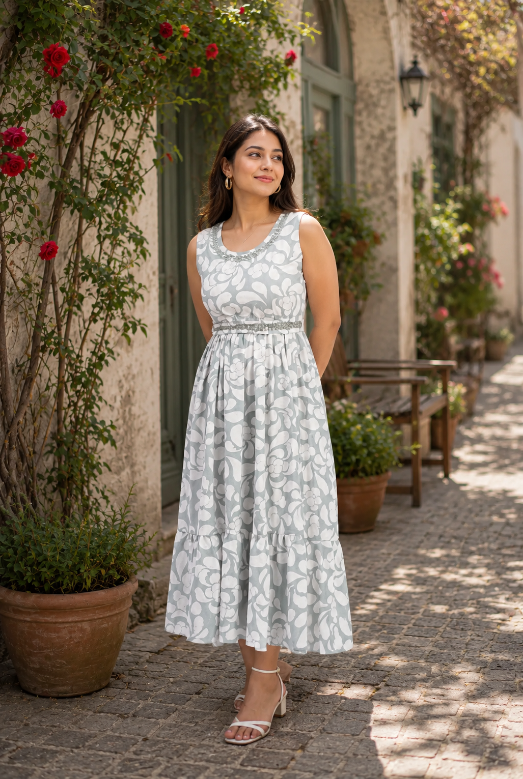 Women’s Mint Green Floral Printed Flared Maxi Dress with Inner Sleeves Attached