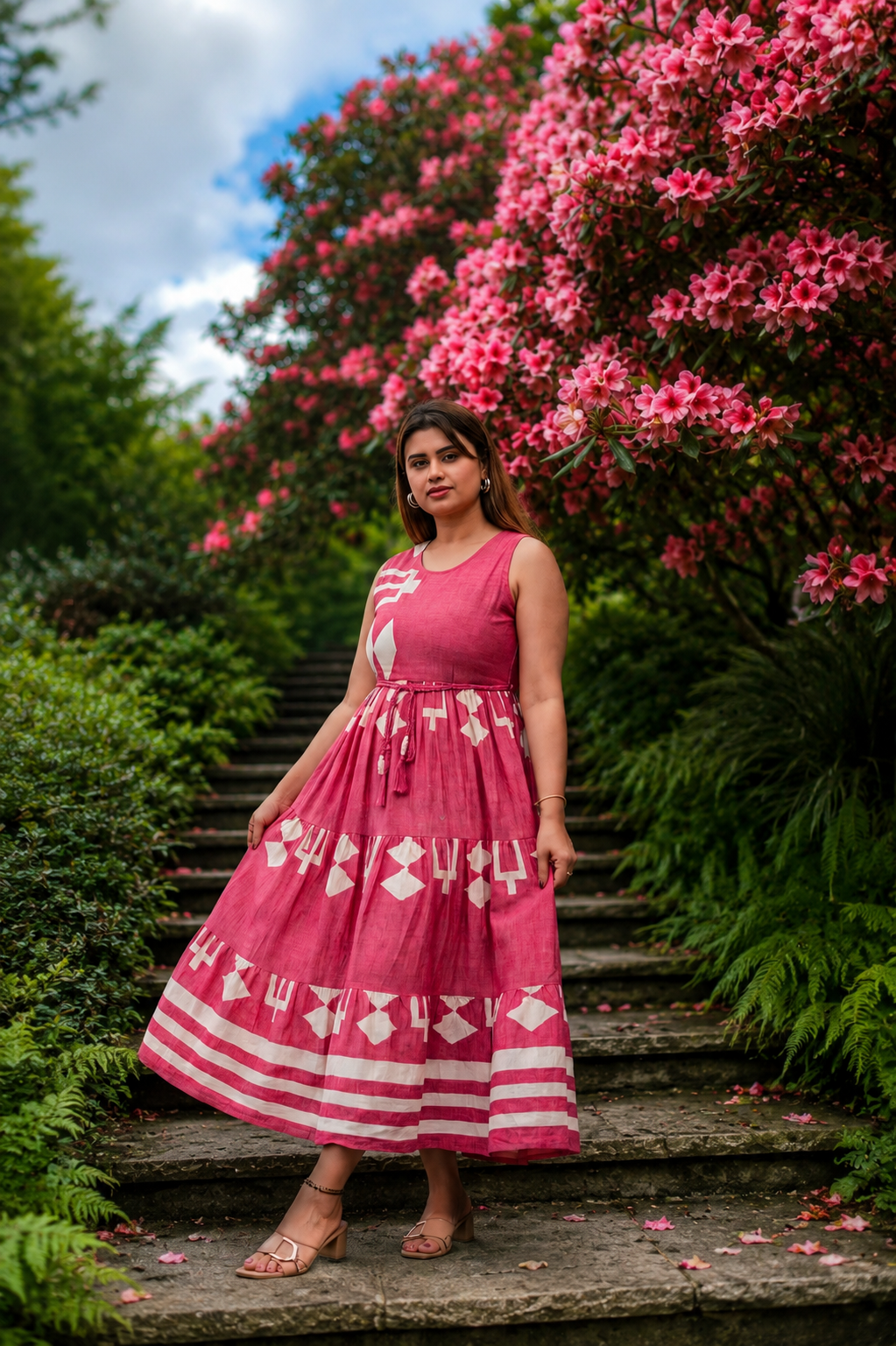 Women’s Pink Printed Flared Maxi Dress with Waist Tie-Up & Inner Sleeves Attached