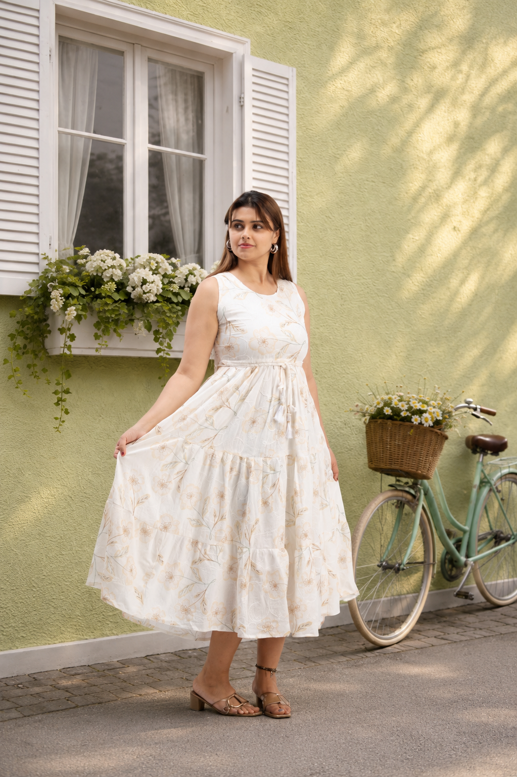 Women’s Cream Floral Printed Sleeveless Tiered Maxi Dress with Inner Sleeves Attached