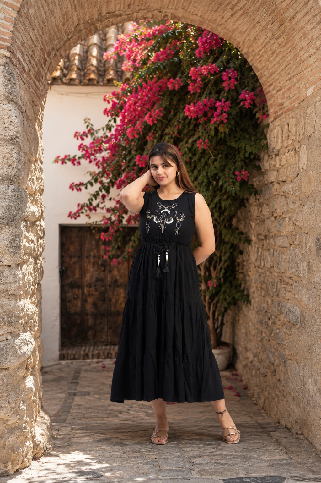 Women’s Black Embroidered Flared Maxi Dress with Tassel Tie-Up & Inner Sleeves