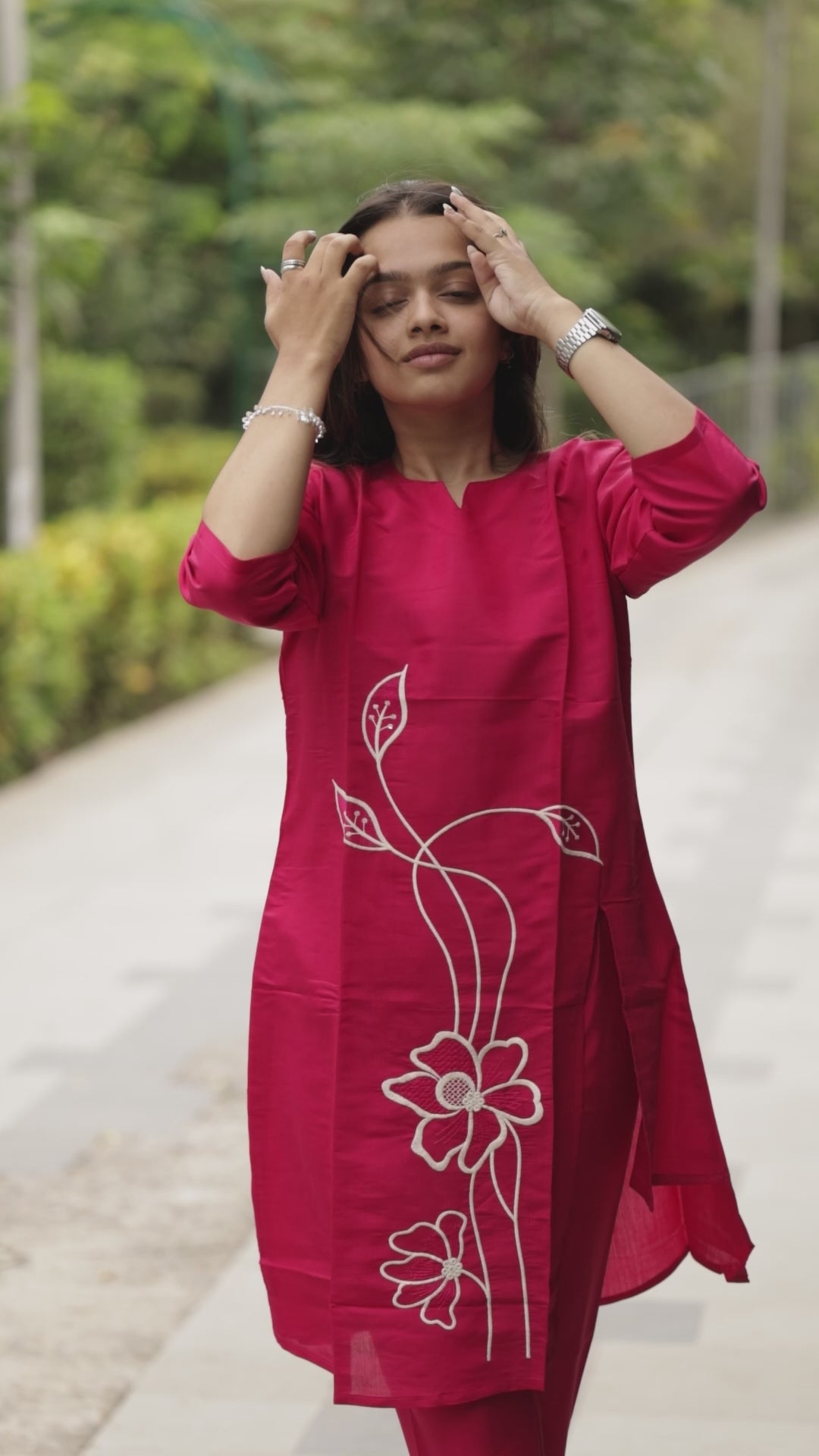 Women’s Red Embroidered Straight Kurta Pant Set with 3/4th Sleeves