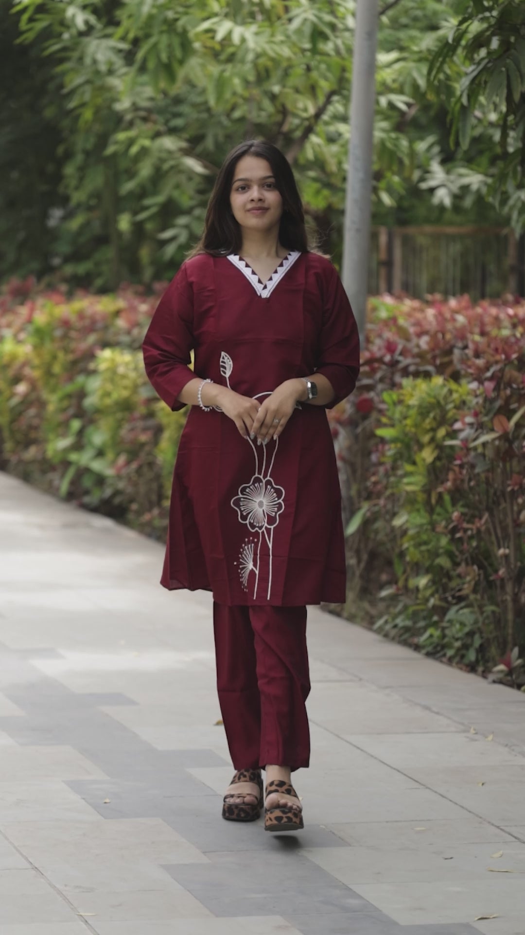 Women’s Maroon Embroidered Straight Kurta Pant Set with V-Neck