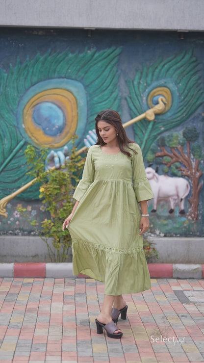 Olive Green Balloon Sleeves Maxi Dress