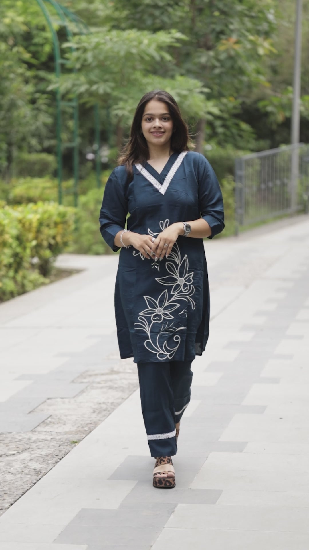 Women’s Navy Blue Embroidered Straight Kurta Pant Set with V-Neck