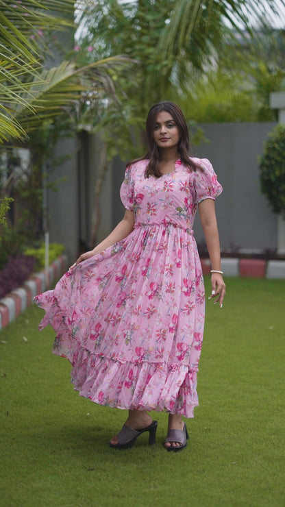 Pink Printed Georgette Maxi Dress